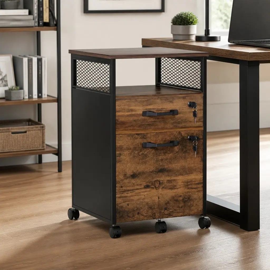Natural Two Drawer Filing Cabinet with Lockable Wheels