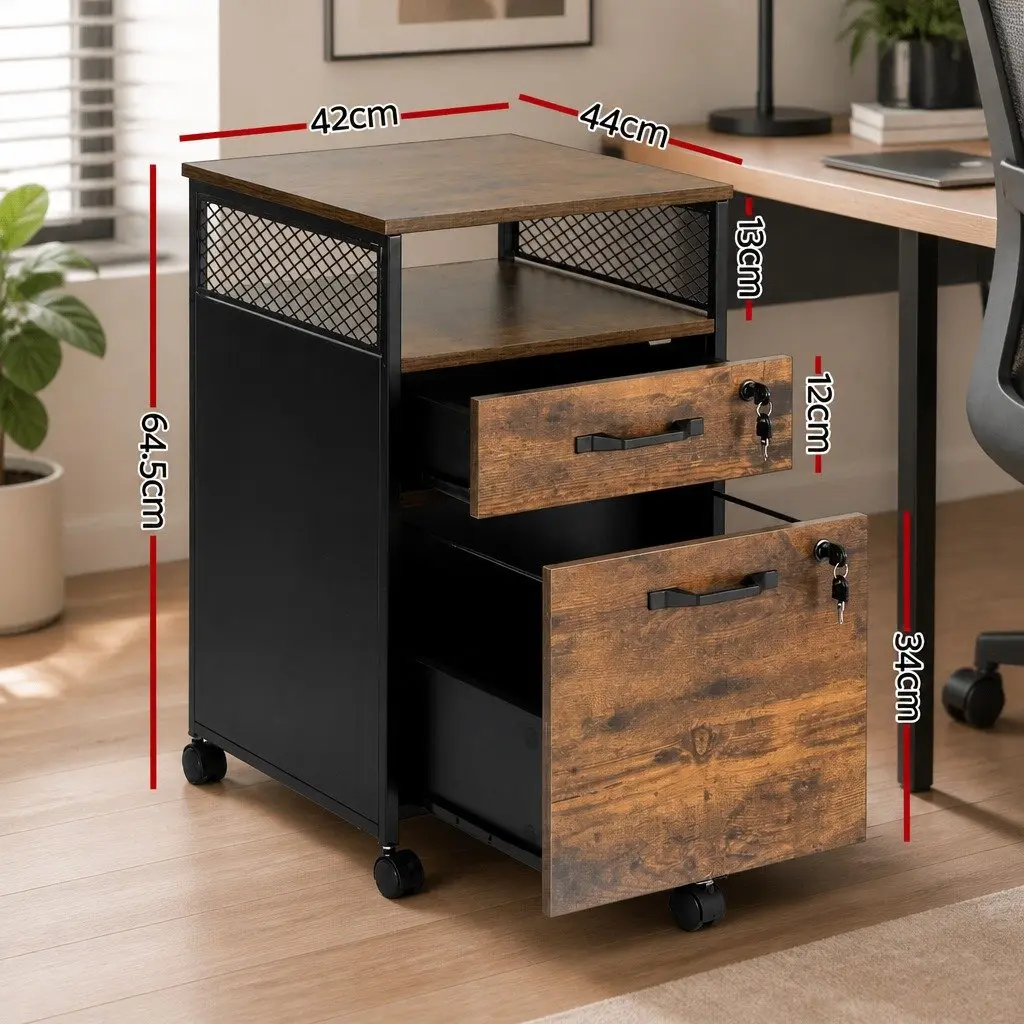 Filing Cabinet Natural 2 Drawer Office Storage Organiser with Lockable Wheels Steel Frame