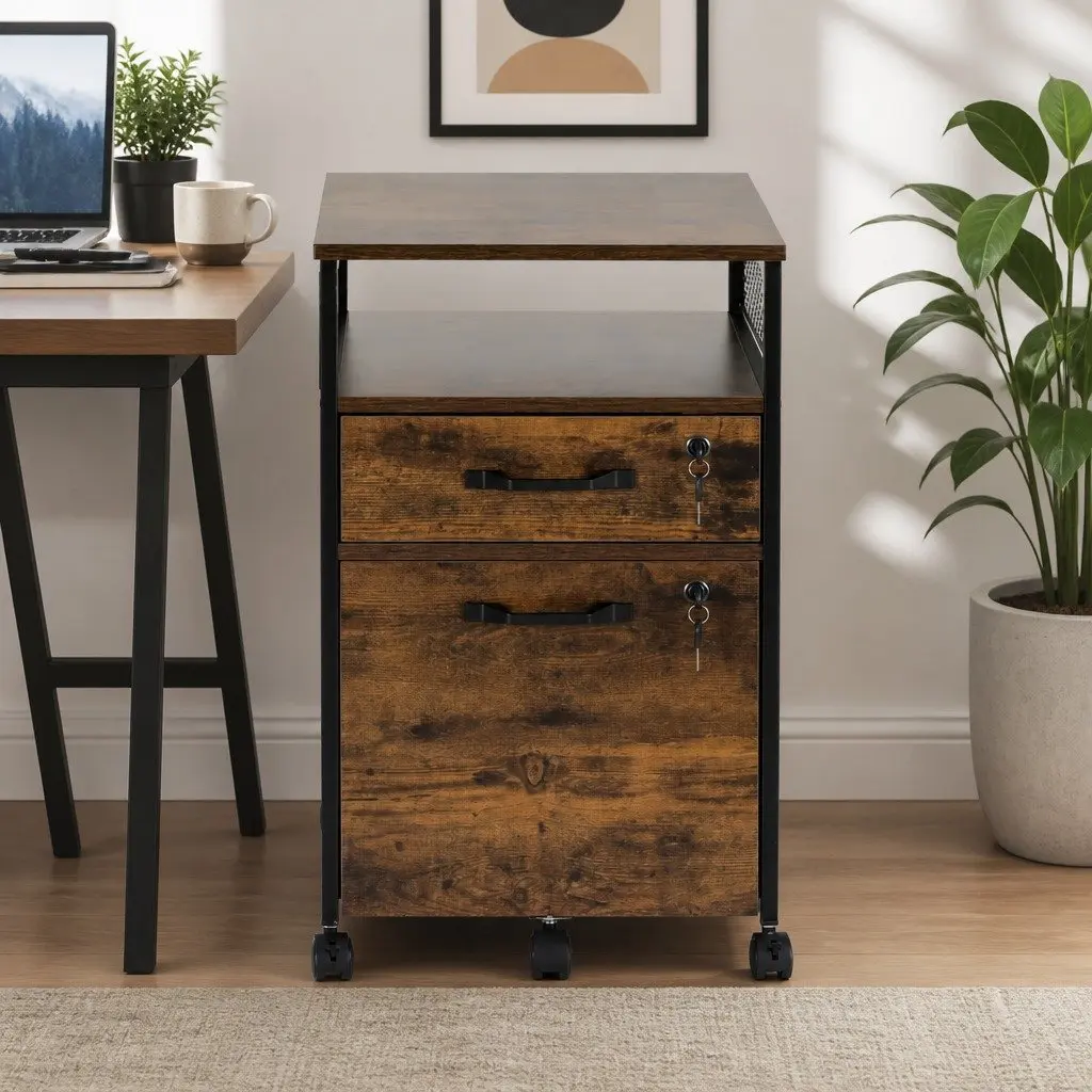 Filing Cabinet Natural 2 Drawer Office Storage Organiser with Lockable Wheels Steel Frame