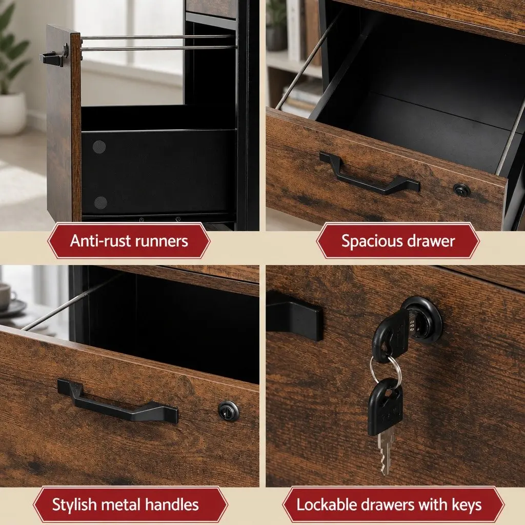 Filing Cabinet Natural 2 Drawer Office Storage Organiser with Lockable Wheels Steel Frame