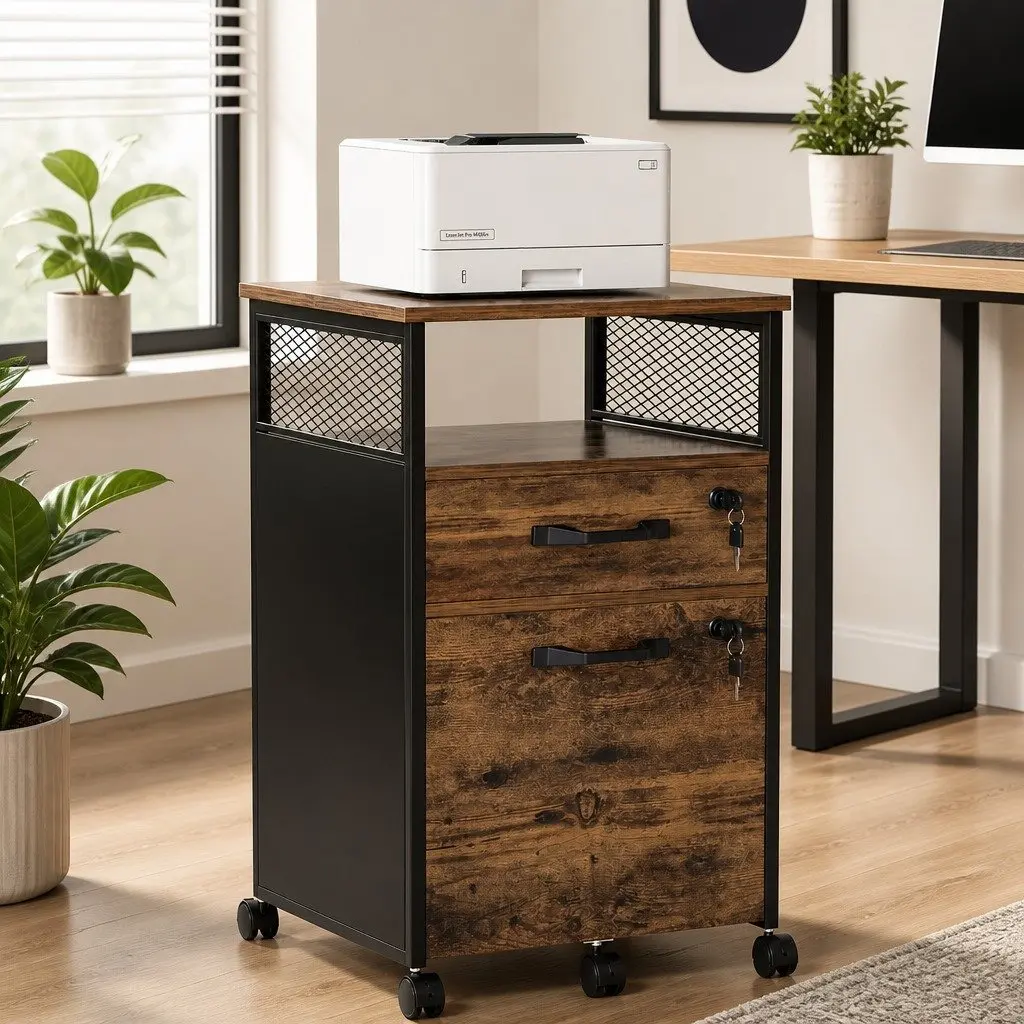 Filing Cabinet Natural 2 Drawer Office Storage Organiser with Lockable Wheels Steel Frame