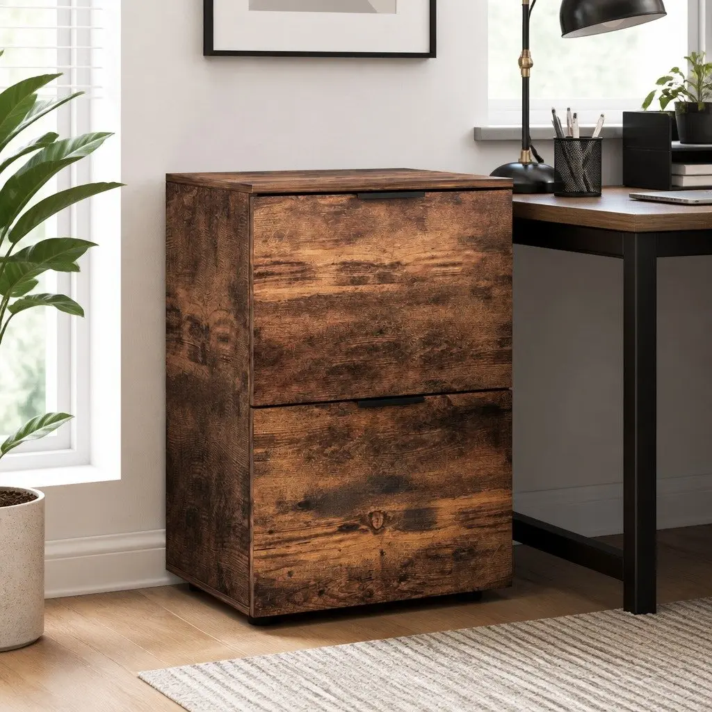 Filing Cabinet Natural Oak 2 Drawer Particle Board Office Storage Organiser