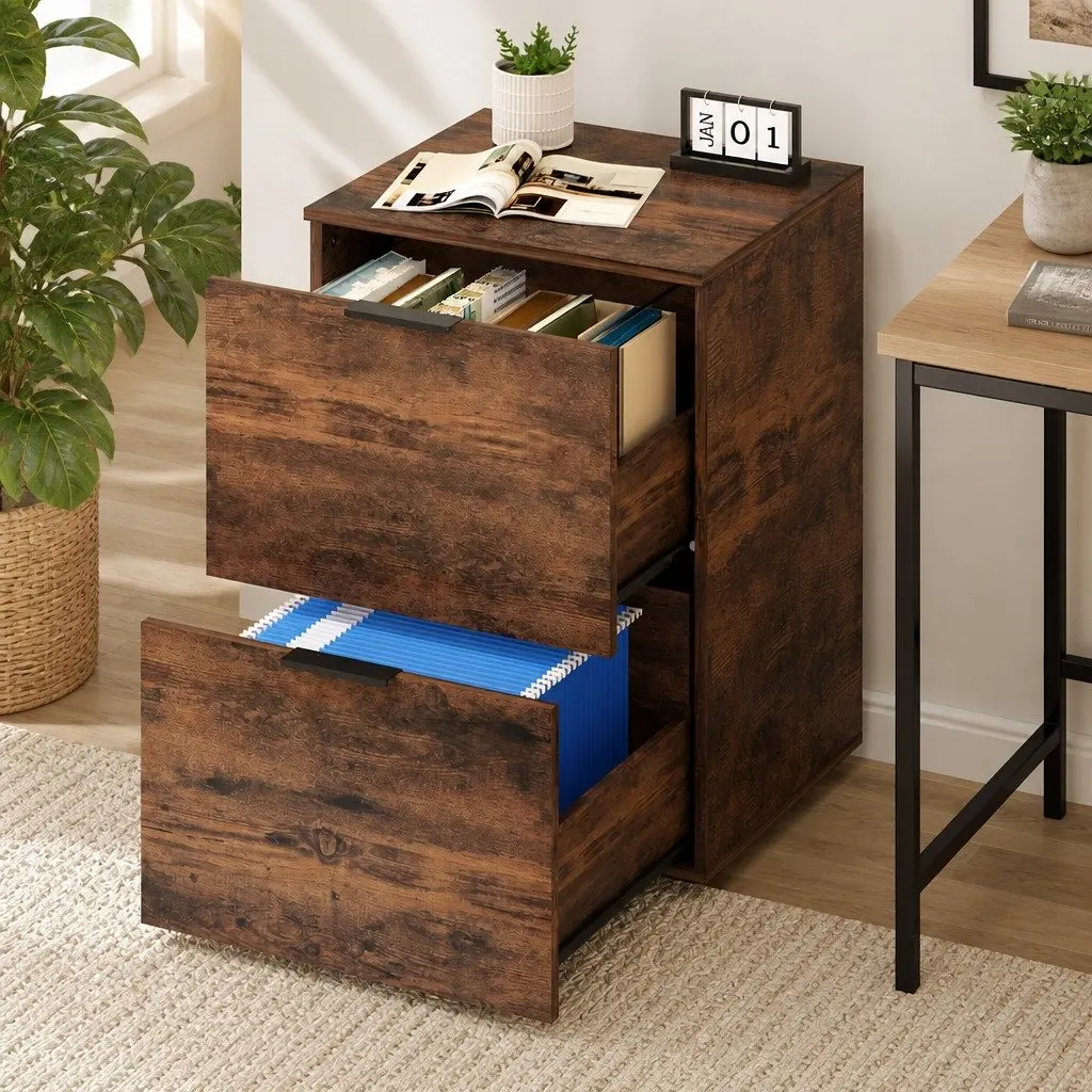 Filing Cabinet Natural Oak 2 Drawer Particle Board Office Storage Organiser