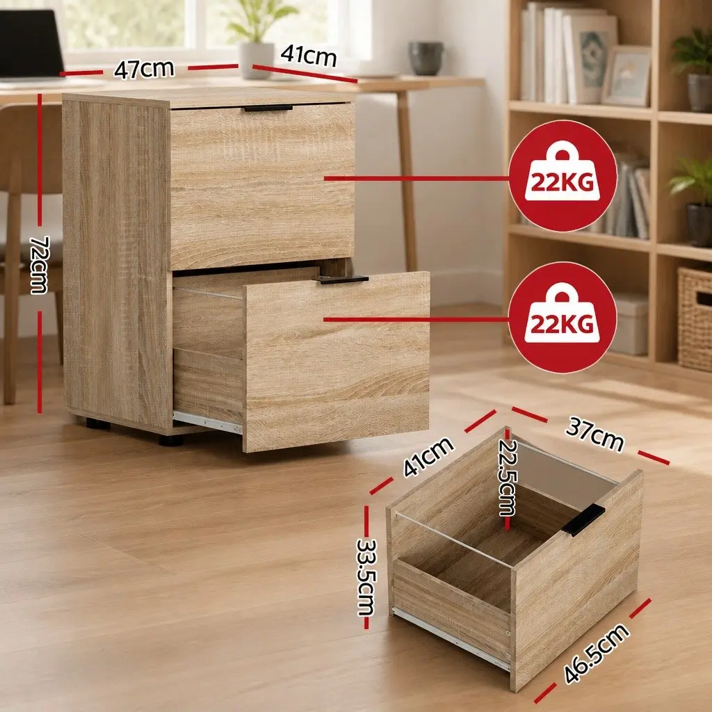 Filing Cabinet 2 Drawer Walnut Finish Particle Board Home Office Storage Organiser