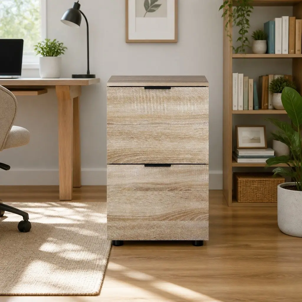 Filing Cabinet 2 Drawer Walnut Finish Particle Board Home Office Storage Organiser