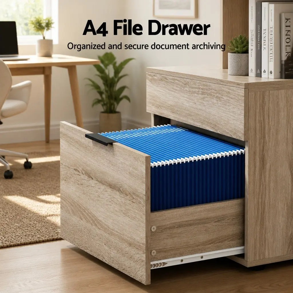 Filing Cabinet 2 Drawer Walnut Finish Particle Board Home Office Storage Organiser