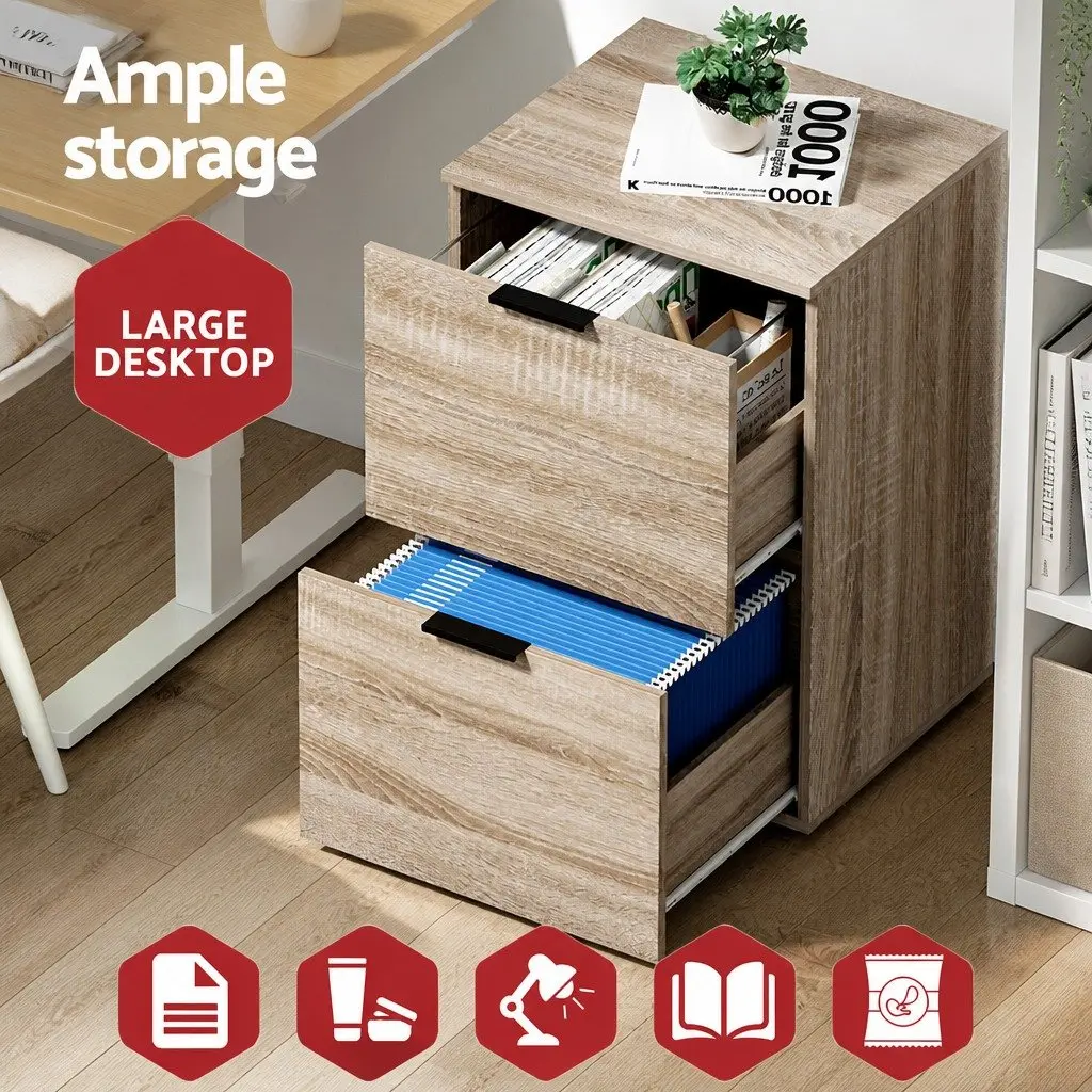 Filing Cabinet 2 Drawer Walnut Finish Particle Board Home Office Storage Organiser