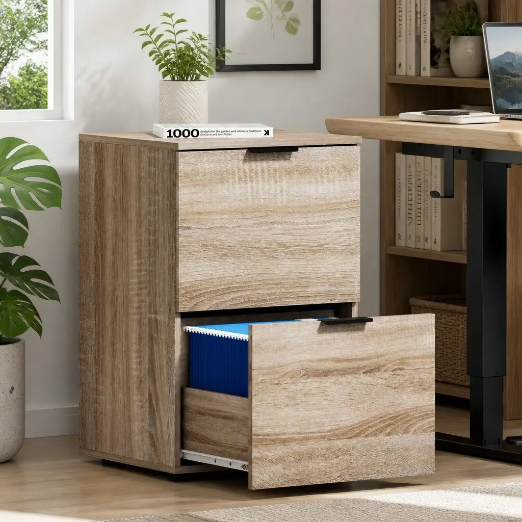 Filing Cabinet 2 Drawer Walnut Finish Particle Board Home Office Storage Organiser