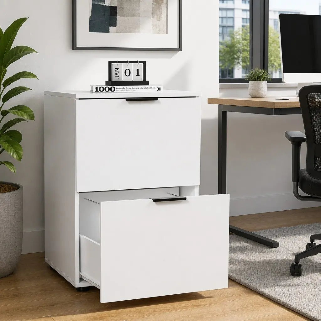 Filing Cabinet 2 Drawer White Particle Board Office Storage Organiser