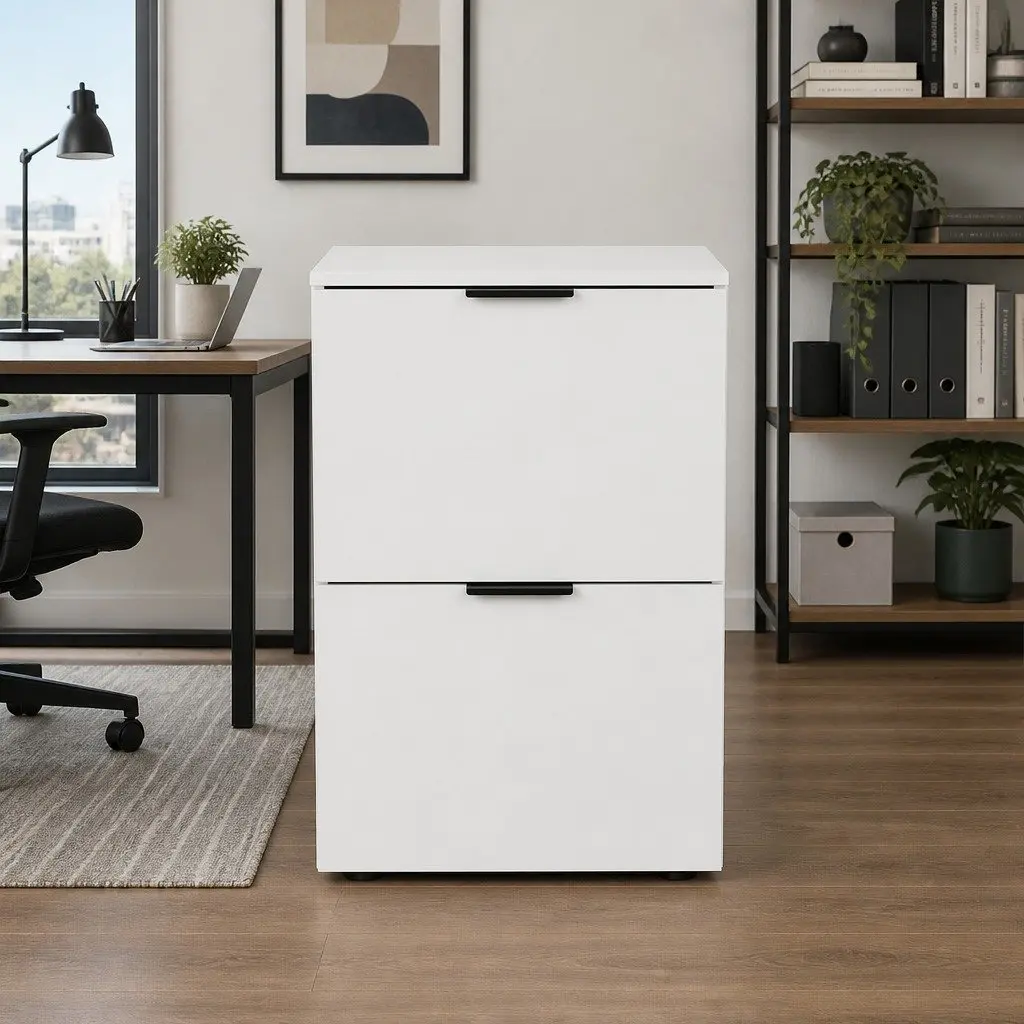 Filing Cabinet 2 Drawer White Particle Board Office Storage Organiser