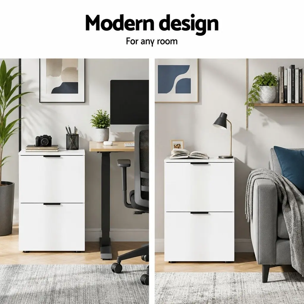 Filing Cabinet 2 Drawer White Particle Board Office Storage Organiser