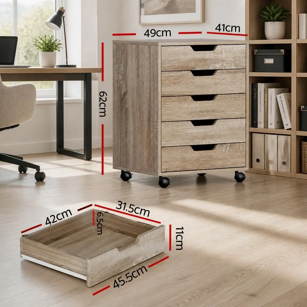 5-Drawer Filing Cabinet Mobile Rolling Walnut Particle Board Office Storage