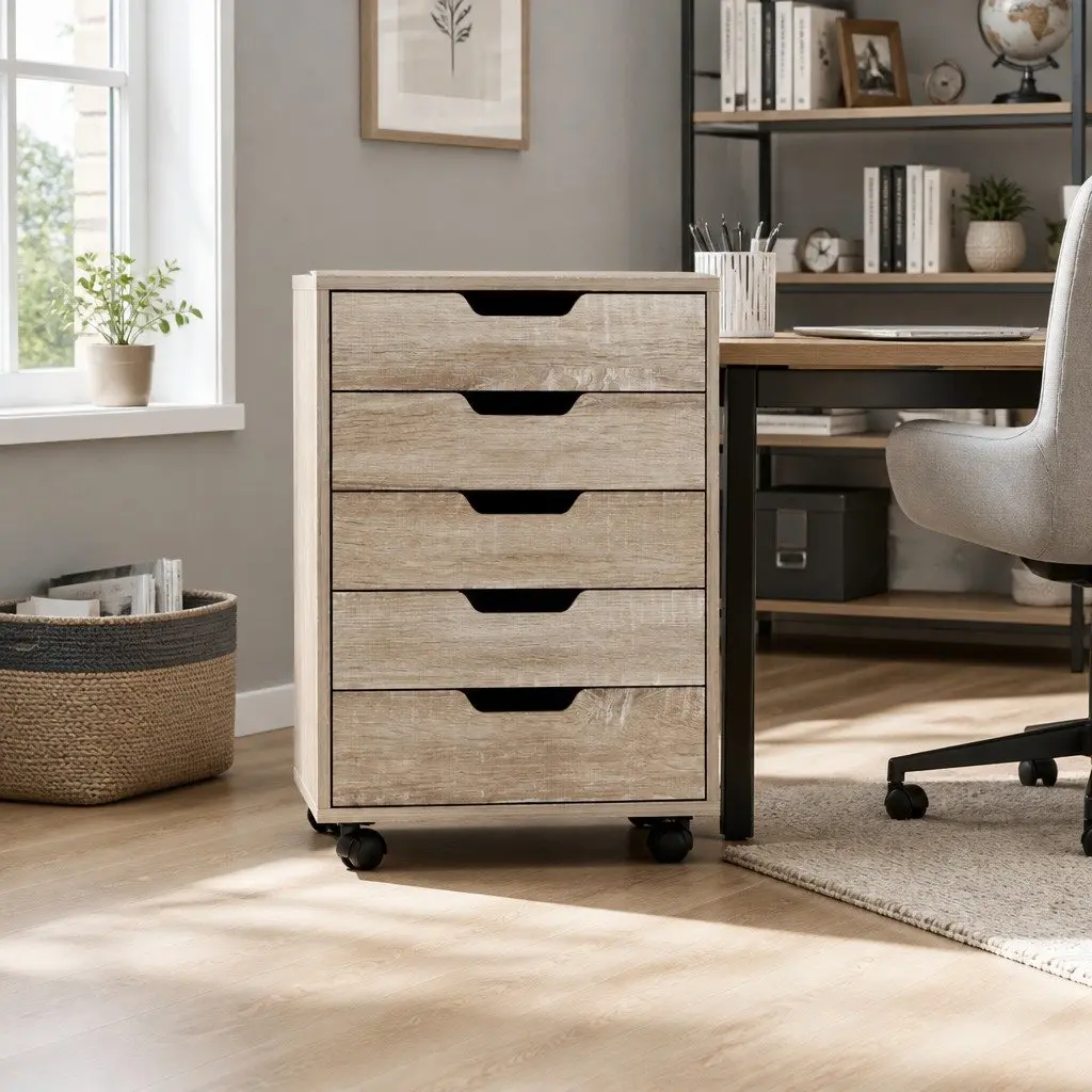 5-Drawer Filing Cabinet Mobile Rolling Walnut Particle Board Office Storage