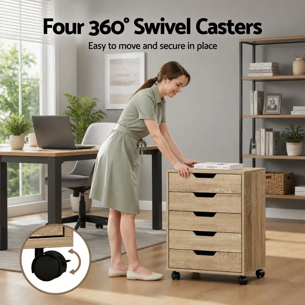 5-Drawer Filing Cabinet Mobile Rolling Walnut Particle Board Office Storage