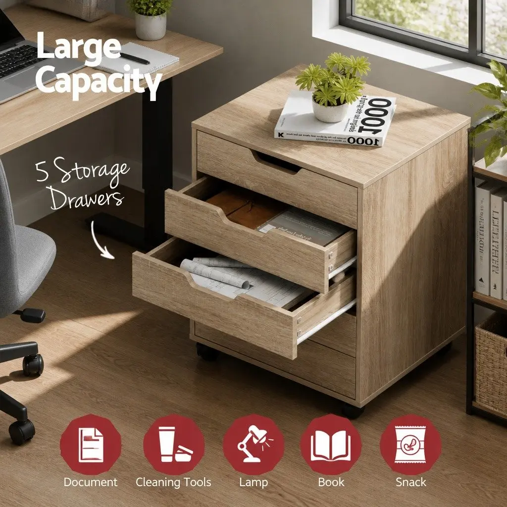 5-Drawer Filing Cabinet Mobile Rolling Walnut Particle Board Office Storage