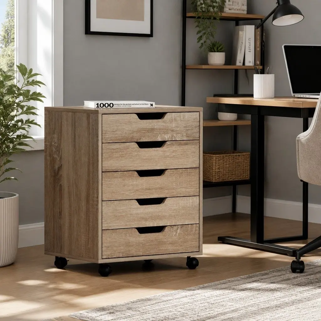 5-Drawer Filing Cabinet Mobile Rolling Walnut Particle Board Office Storage
