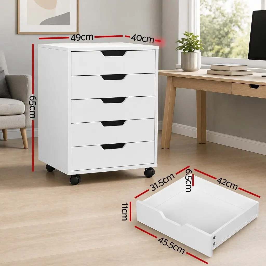 5-Drawer Mobile Filing Cabinet Rolling Storage Chest Organizer White Particle Board
