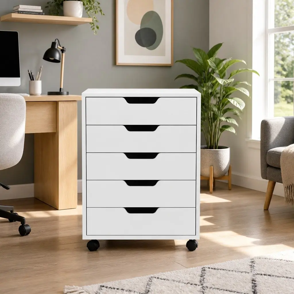 5-Drawer Mobile Filing Cabinet Rolling Storage Chest Organizer White Particle Board