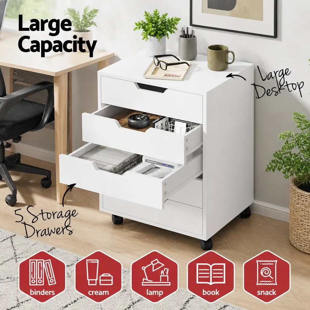 5-Drawer Mobile Filing Cabinet Rolling Storage Chest Organizer White Particle Board