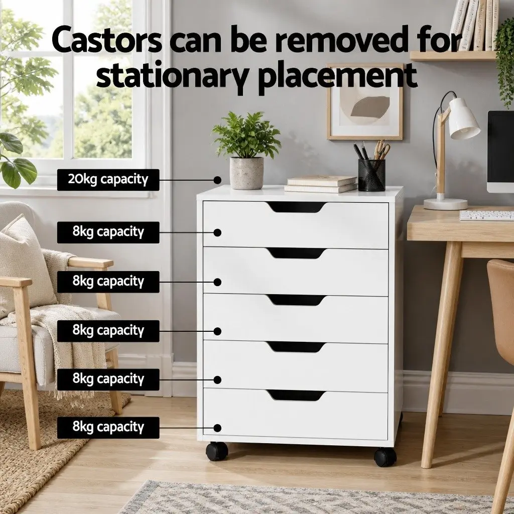 5-Drawer Mobile Filing Cabinet Rolling Storage Chest Organizer White Particle Board