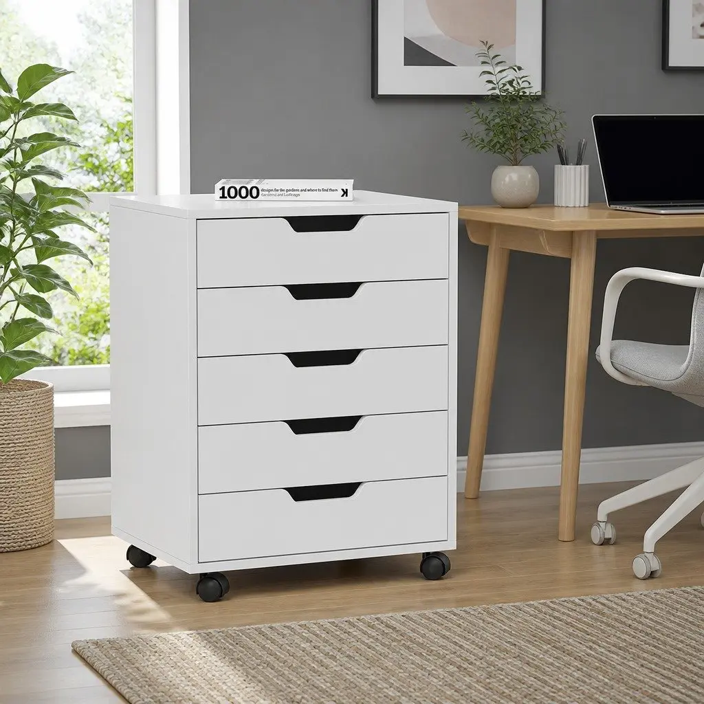 5-Drawer Mobile Filing Cabinet Rolling Storage Chest Organizer White Particle Board