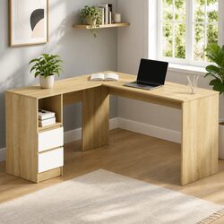 L-Shape Computer Desk with Drawers and Storage Shelf