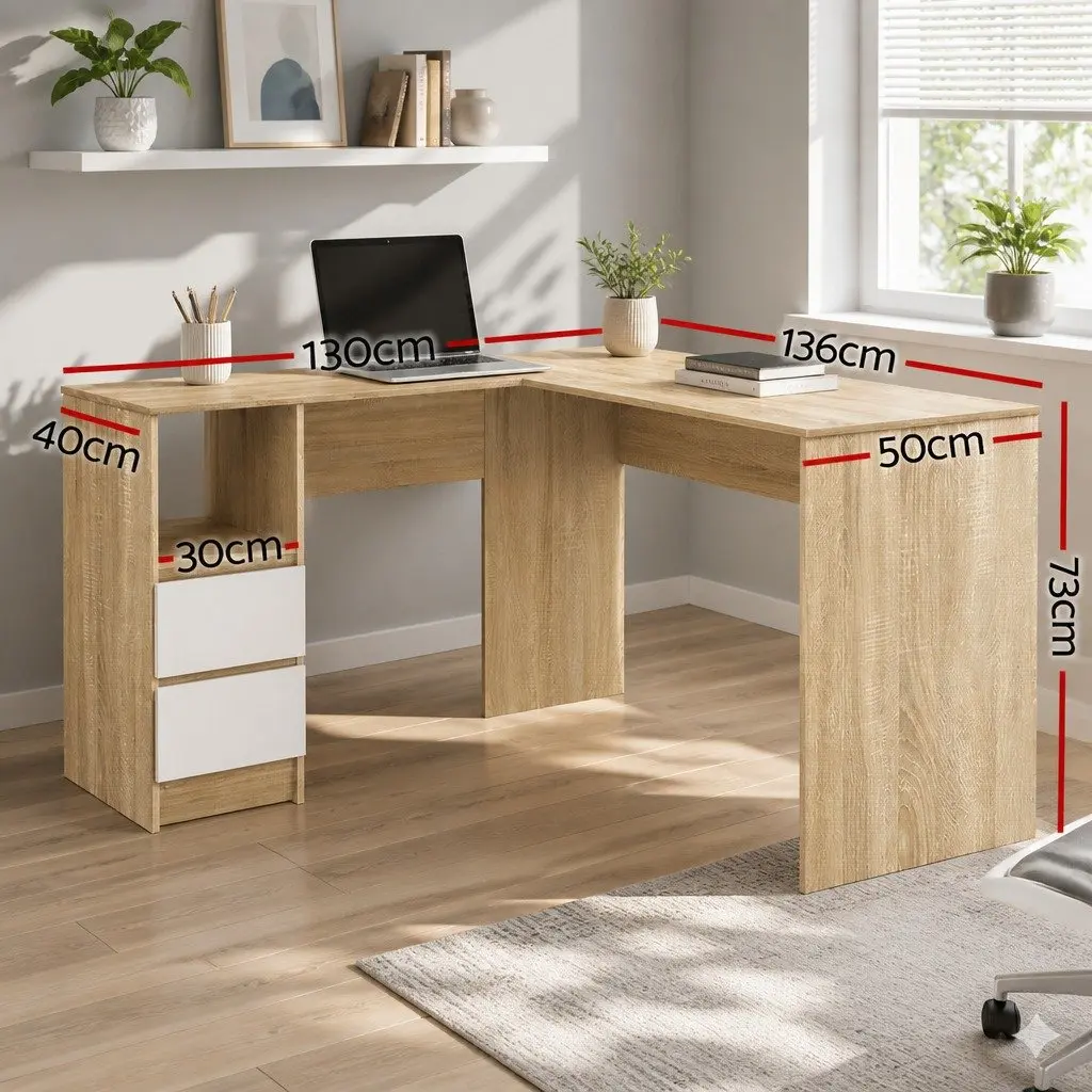 L-Shape Computer Desk with Drawers and Storage Shelf