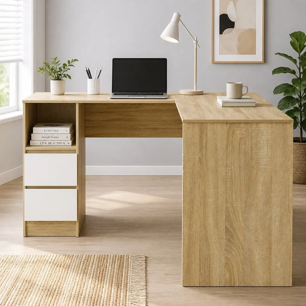 L-Shape Computer Desk with Drawers and Storage Shelf