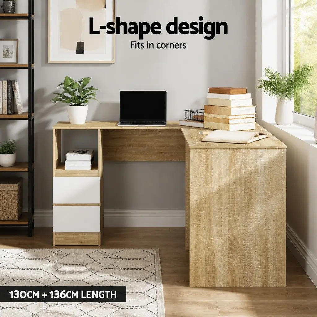 L-Shape Computer Desk with Drawers and Storage Shelf