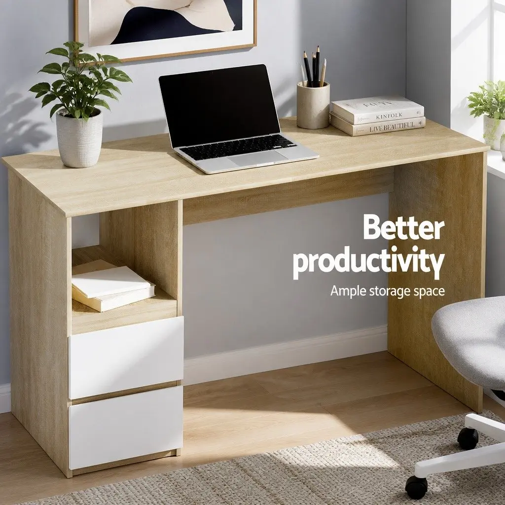 L-Shape Computer Desk with Drawers and Storage Shelf