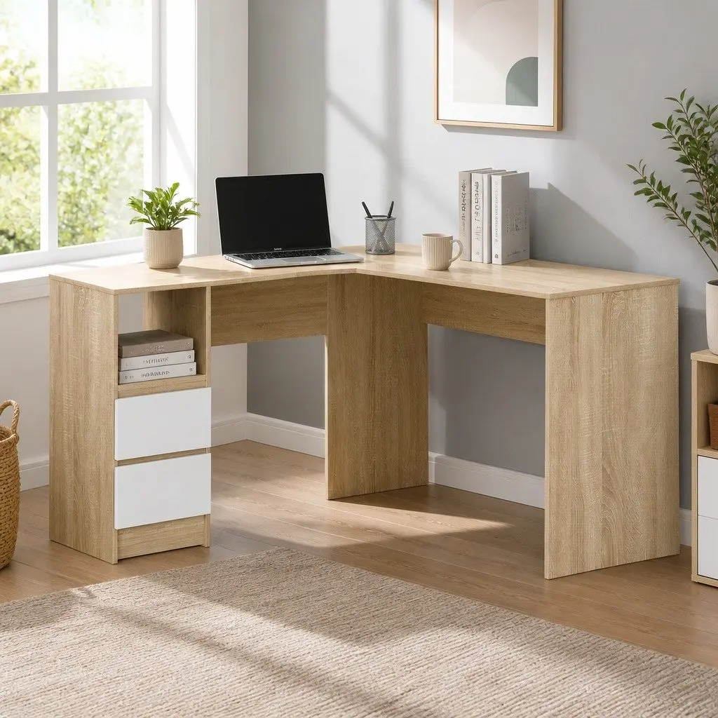 L-Shape Computer Desk with Drawers and Storage Shelf