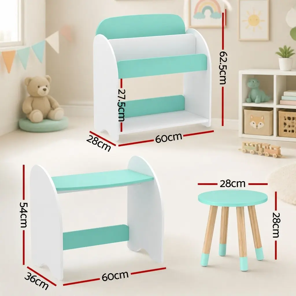 Kids Bookshelf 2-in-1 Table Chair Set White MDF Pinewood Storage Organiser