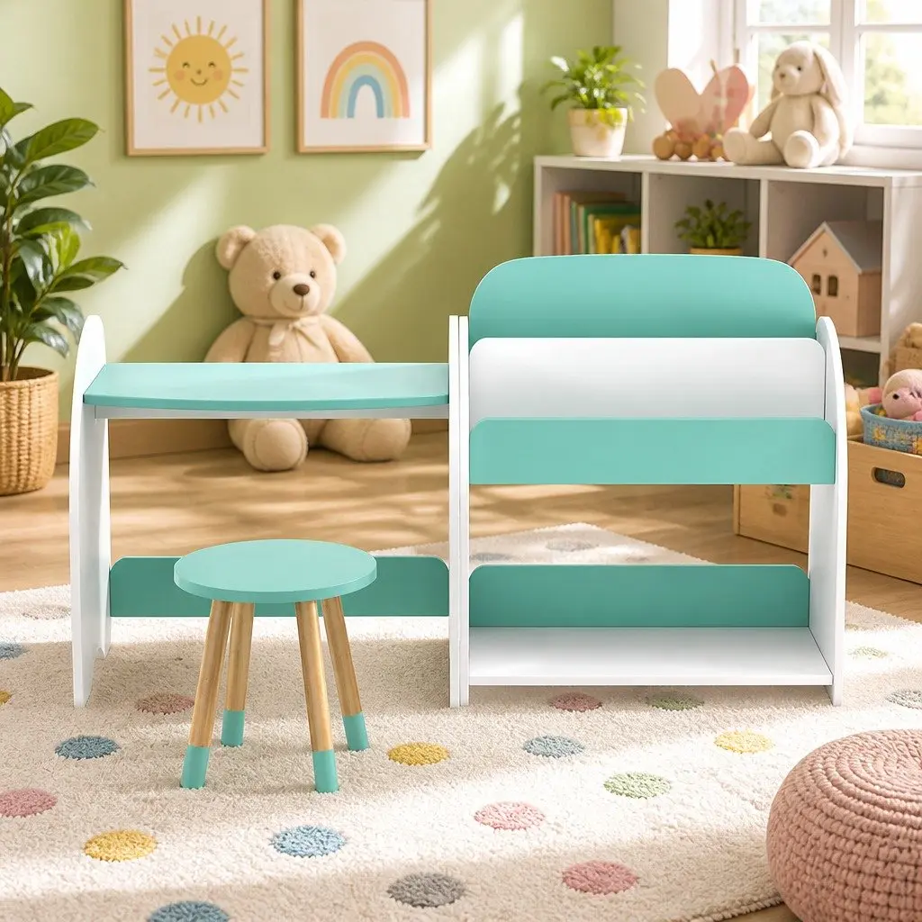 Kids Bookshelf 2-in-1 Table Chair Set White MDF Pinewood Storage Organiser