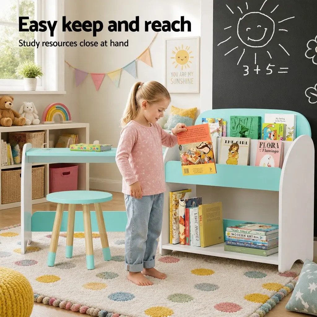 Kids Bookshelf 2-in-1 Table Chair Set White MDF Pinewood Storage Organiser