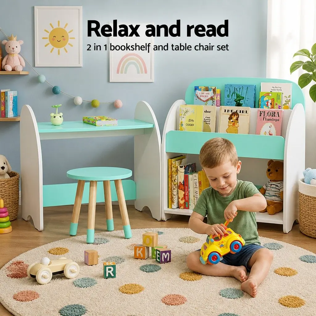 Kids Bookshelf 2-in-1 Table Chair Set White MDF Pinewood Storage Organiser