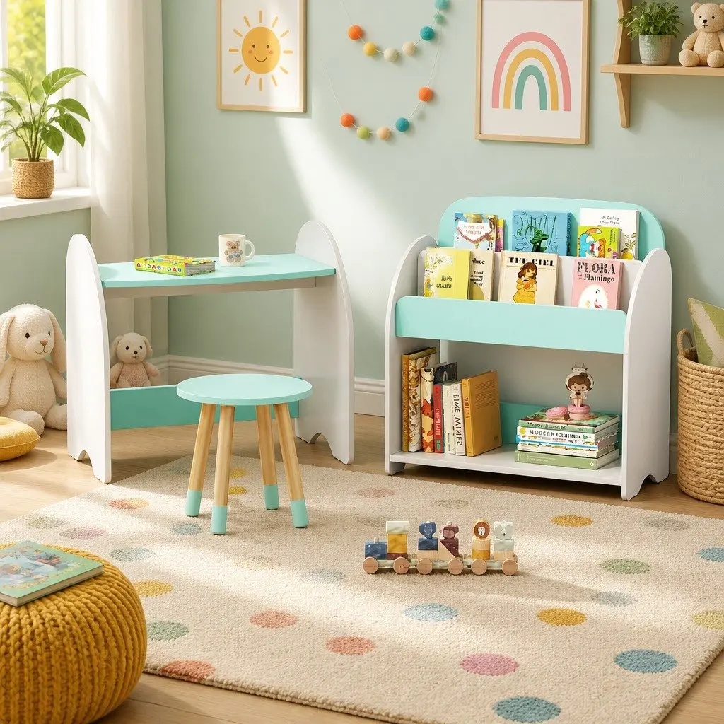 Kids Bookshelf 2-in-1 Table Chair Set White MDF Pinewood Storage Organiser