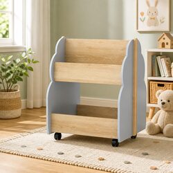 Charming Kids Bookshelf Toy Box with Wheels in Grey