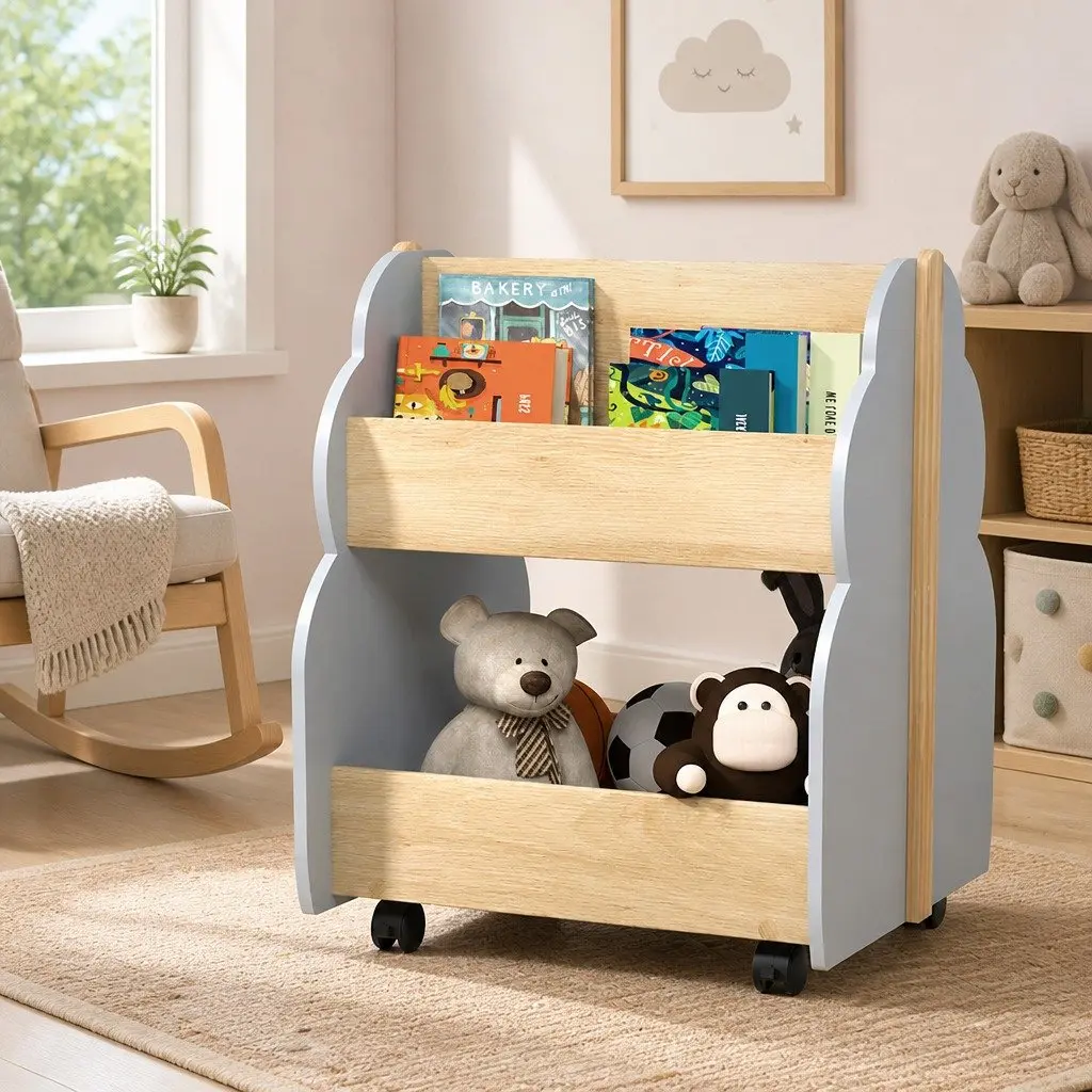 Kids Bookshelf Grey MDF and Solid Wood Tree-shaped Double-sided Storage Unit with Wheels 52 x 46 x 59 cm