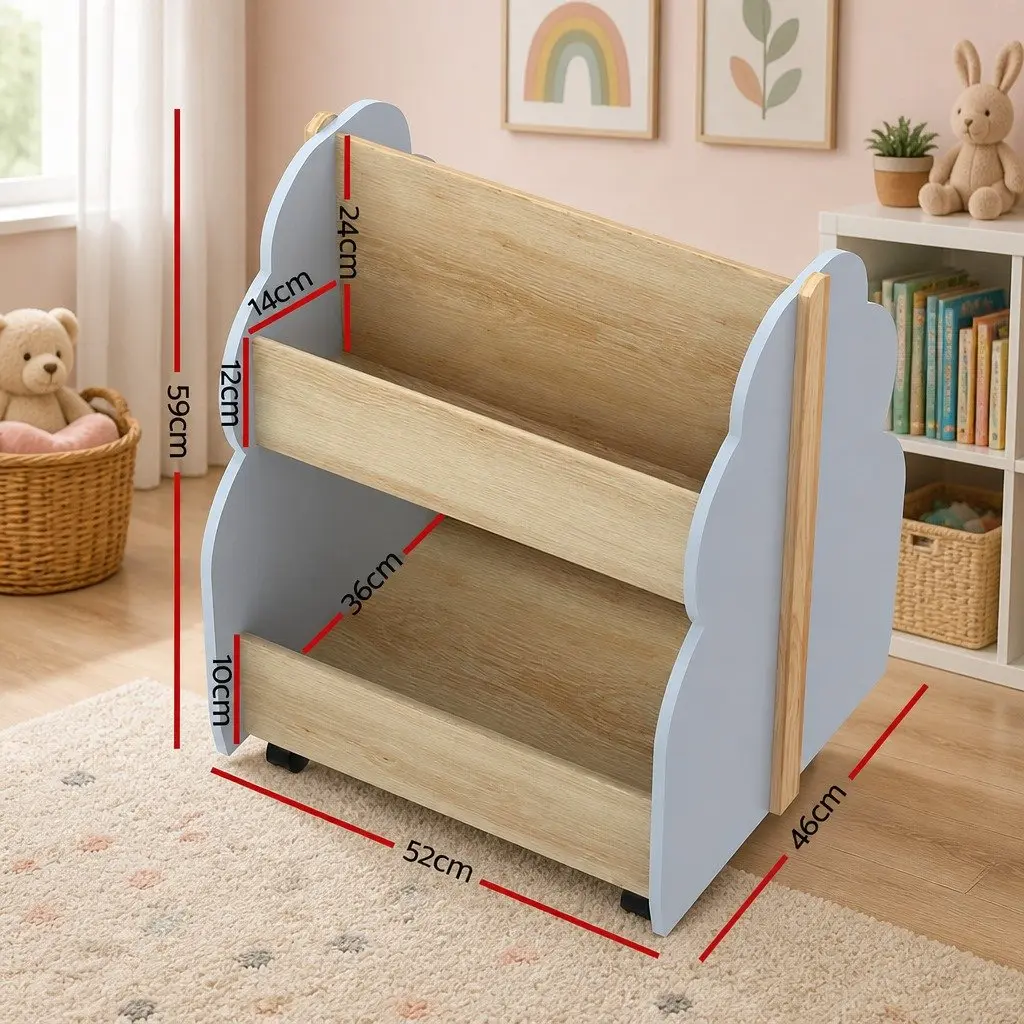 Kids Bookshelf Grey MDF and Solid Wood Tree-shaped Double-sided Storage Unit with Wheels 52 x 46 x 59 cm