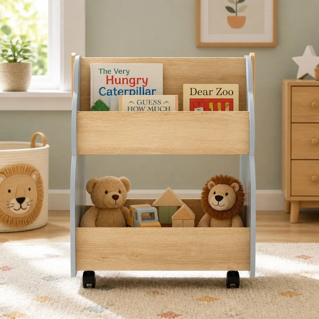 Kids Bookshelf Grey MDF and Solid Wood Tree-shaped Double-sided Storage Unit with Wheels 52 x 46 x 59 cm