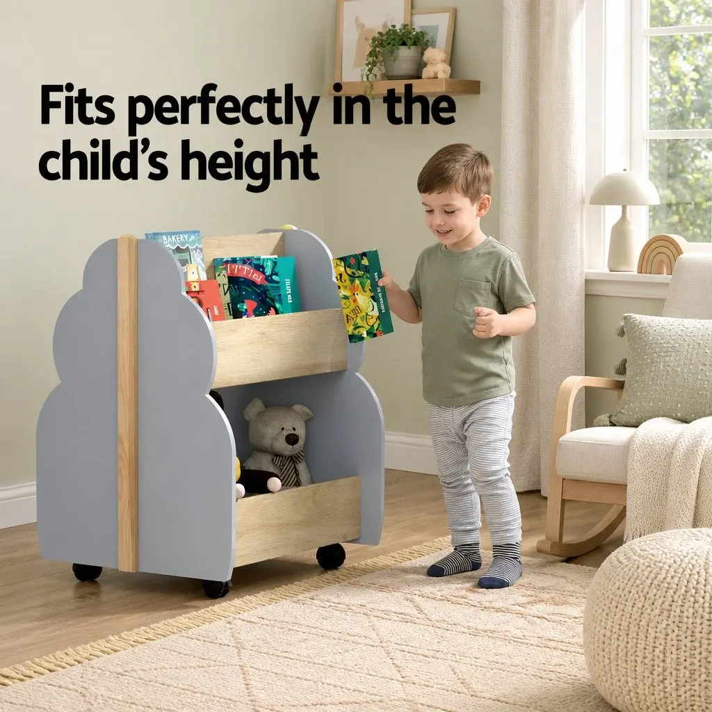 Kids Bookshelf Grey MDF and Solid Wood Tree-shaped Double-sided Storage Unit with Wheels 52 x 46 x 59 cm
