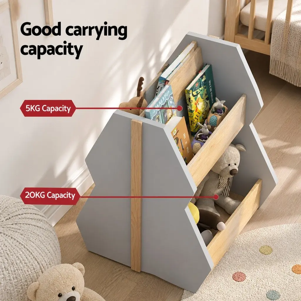 Kids Bookshelf Grey MDF and Solid Wood Tree-shaped Double-sided Storage Unit with Wheels 52 x 46 x 59 cm