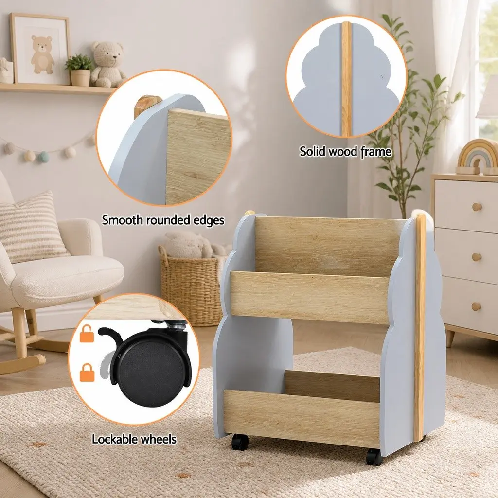 Kids Bookshelf Grey MDF and Solid Wood Tree-shaped Double-sided Storage Unit with Wheels 52 x 46 x 59 cm