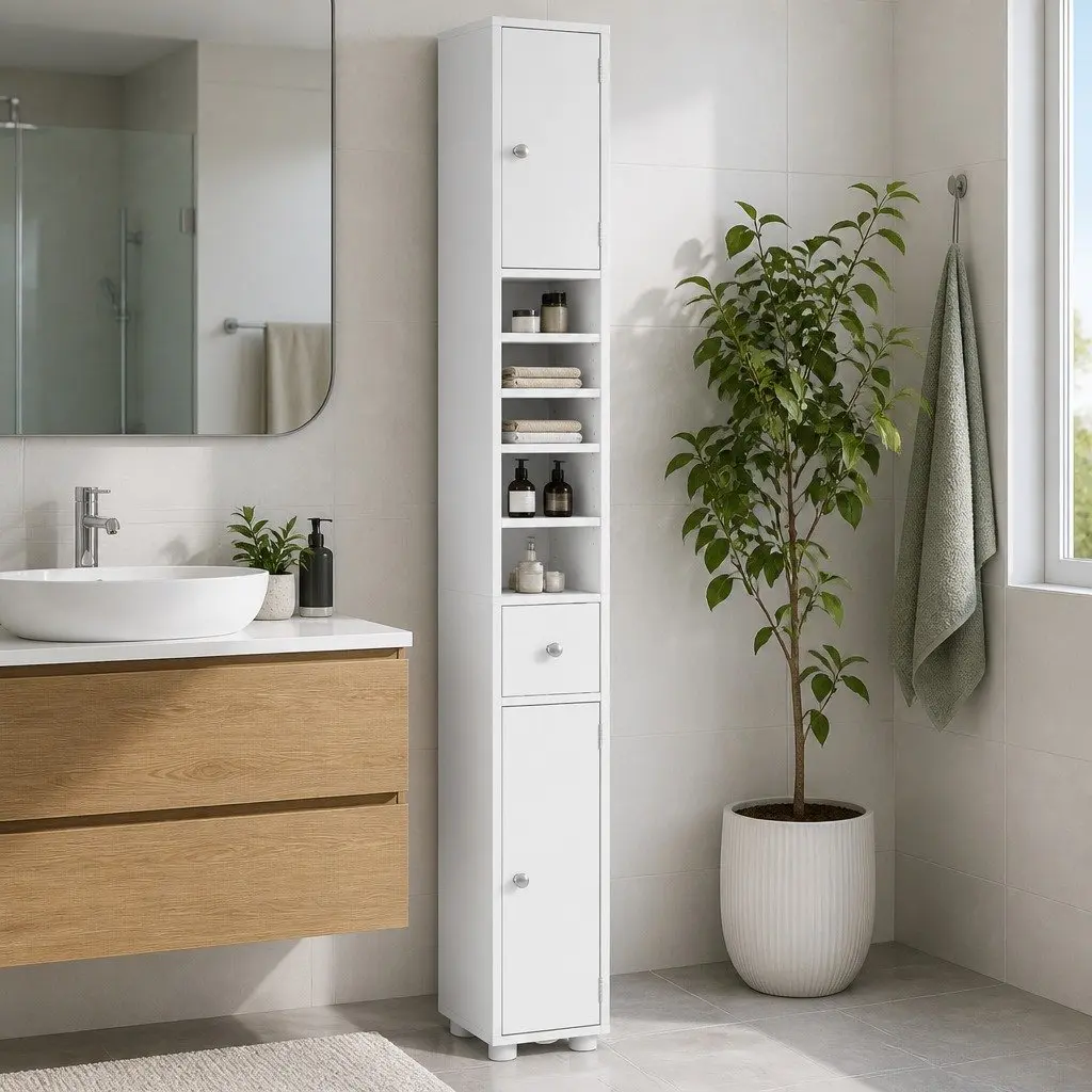 White Bathroom Storage Cabinet 180cm Tall