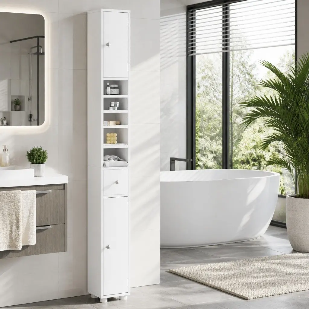 Bathroom Storage Cabinet Slim Floor Cupboard 180cm Tall White MDF