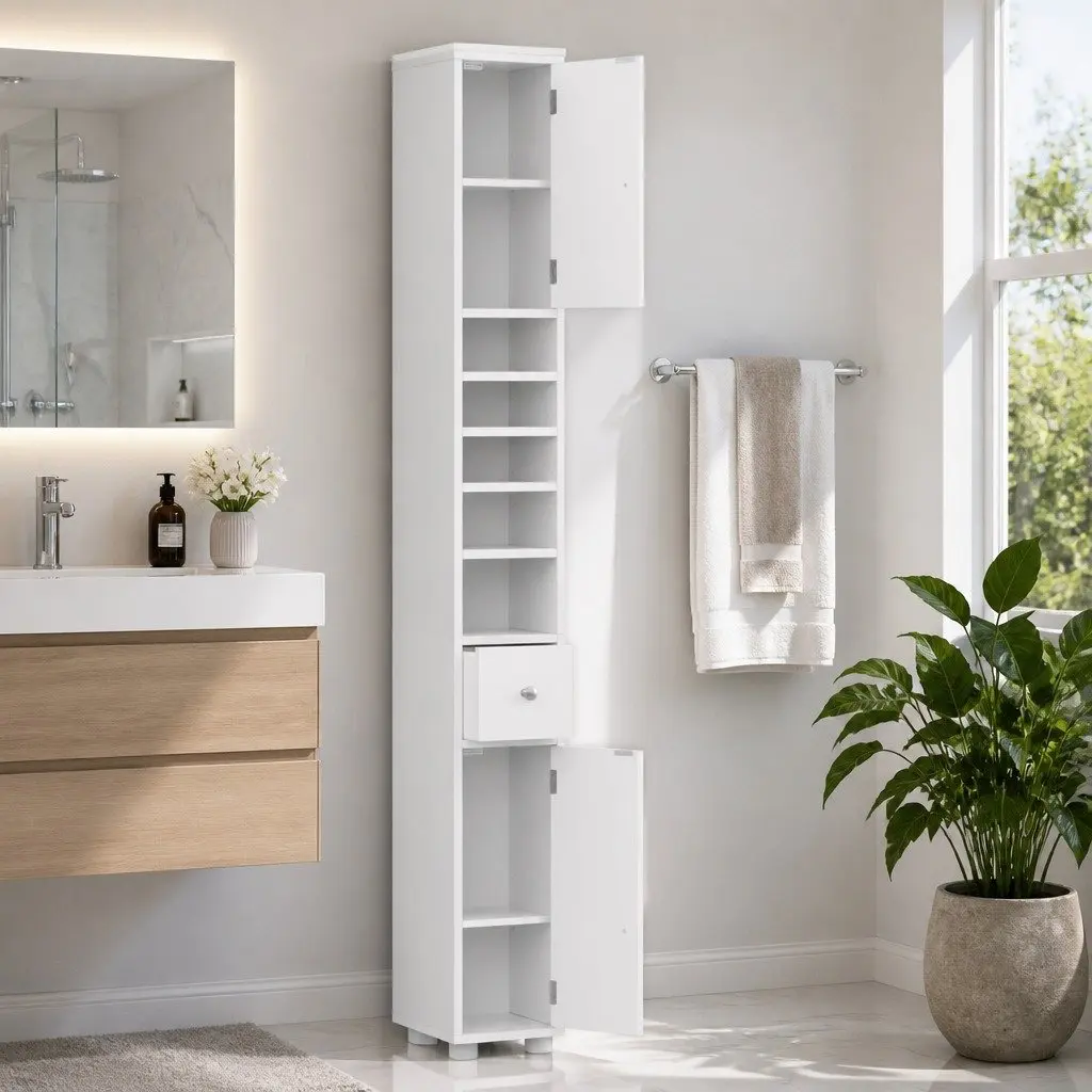 Bathroom Storage Cabinet Slim Floor Cupboard 180cm Tall White MDF