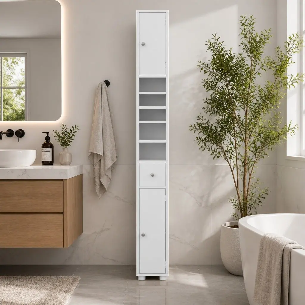 Bathroom Storage Cabinet Slim Floor Cupboard 180cm Tall White MDF