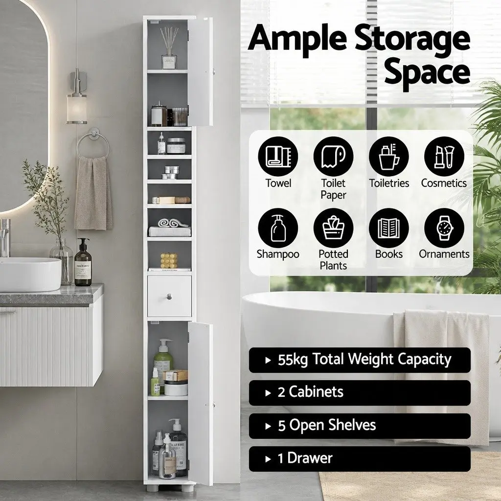 Bathroom Storage Cabinet Slim Floor Cupboard 180cm Tall White MDF