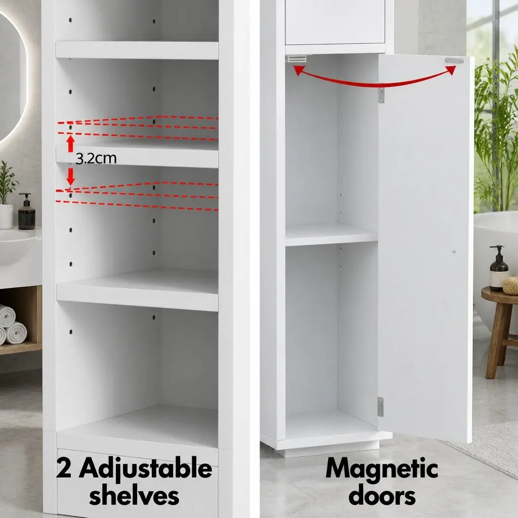 Bathroom Storage Cabinet Slim Floor Cupboard 180cm Tall White MDF