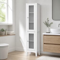 Slim White Bathroom Storage Cabinet with Glass Doors